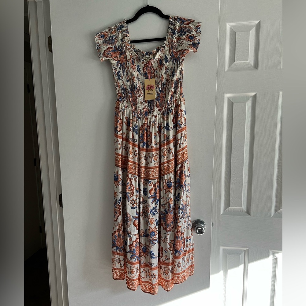 Boho Style Natural White Mixed Print Midi Dress - M